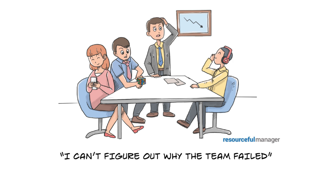 A group of distracted employees sit around a conference table. One is using their phone, one is listening to headphones, another is playing with a rubix cube. Their confused manager is standing and saying, "I can't figure out why the team failed"